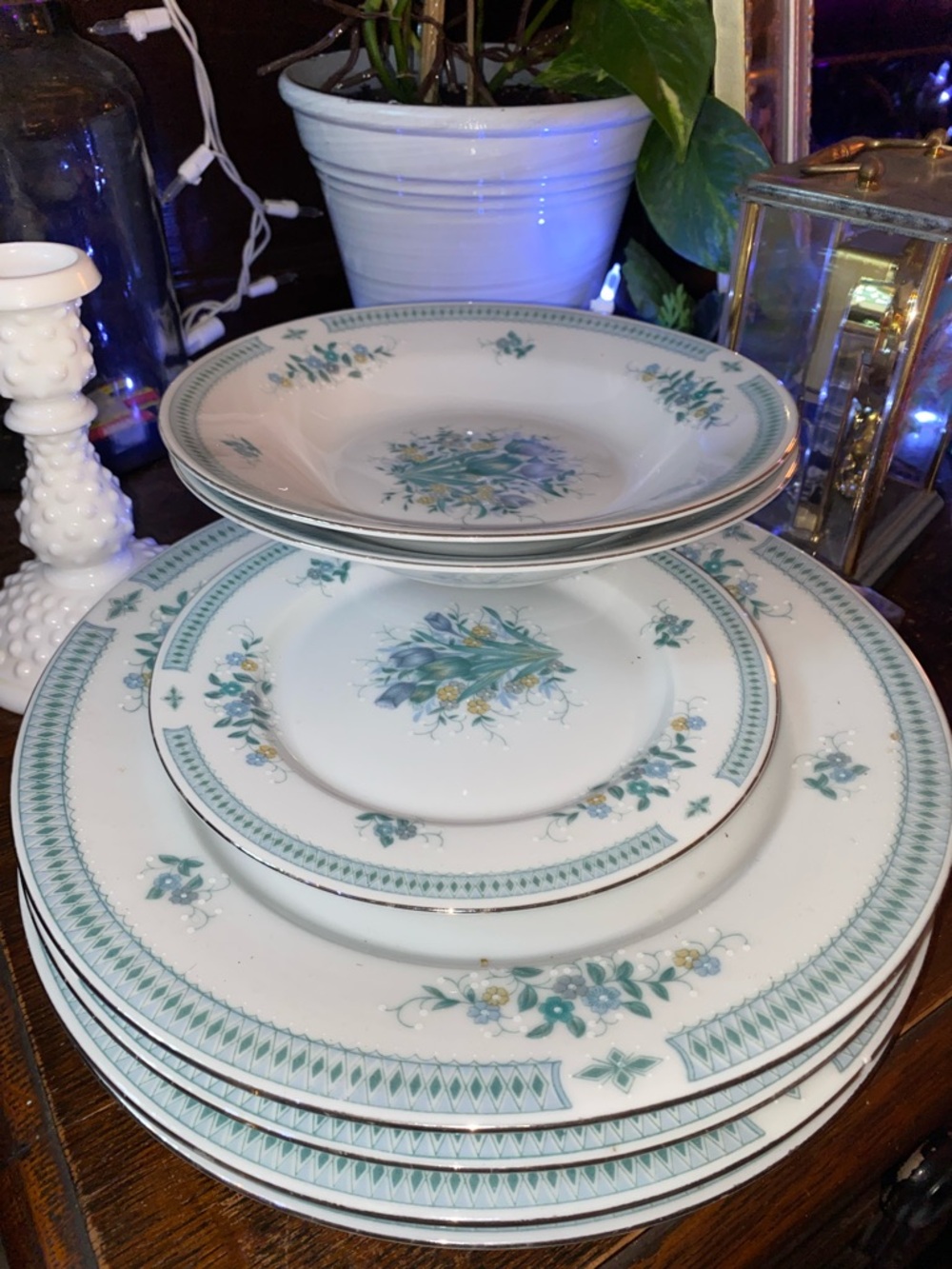 VINTAGE White Jade CHINA Plate Set - Teal and SILVER 7 pieces, CALL OUTS!! CHIPS